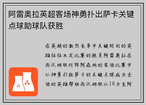 阿雷奥拉英超客场神勇扑出萨卡关键点球助球队获胜