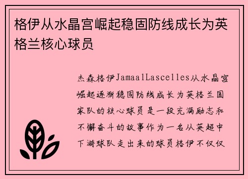 格伊从水晶宫崛起稳固防线成长为英格兰核心球员 格伊从水晶宫崛起稳固防线成长为英格兰核心球员